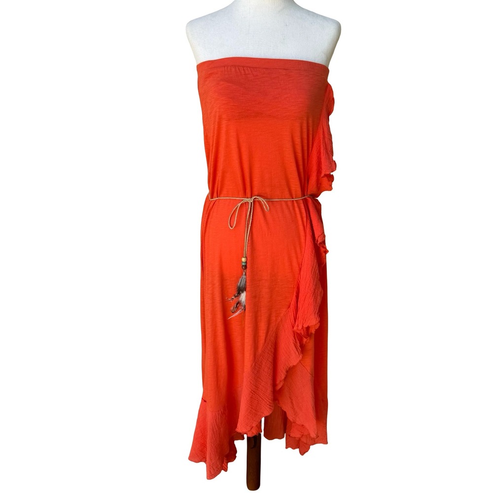 Woodleigh‎ Y2K Boho Festival Strapless Ruffle High-Low Midi Dress Feather Belt